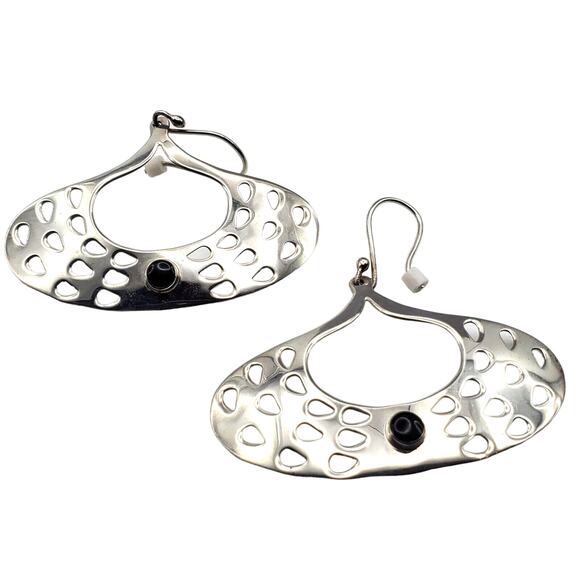 Taxco 925 Sterling Earrings Silver Black Onyx Artisan Drop Chandelier Nouveau - Picture 9 of 12
